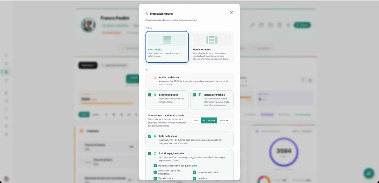 Il pannello Impostazioni piano: scegli cosa includere nel PDF e l'orientamento della tabella settimanale.